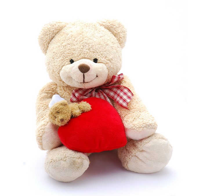 Teddy bear holding a red heart with a smaller teddy bear