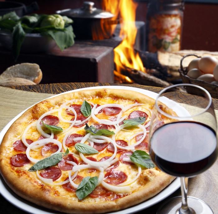 Pepperoni Pizza with Onions and Basil, Glass of Red Wine
