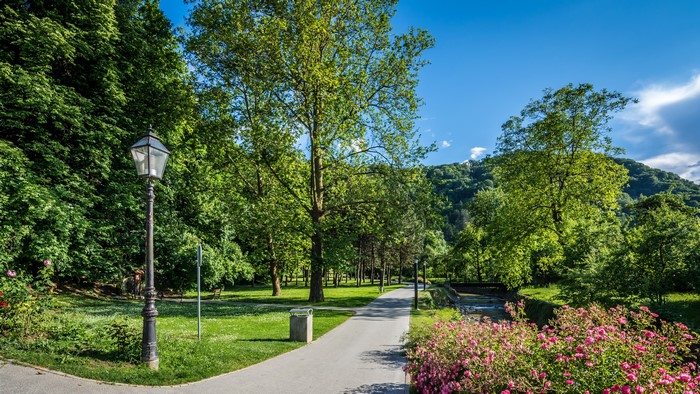 Park with trees, street light, and flowers in Samobor, Croatia