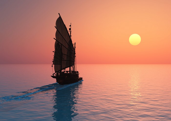4K Sailing Ship on the Sea at Sunset