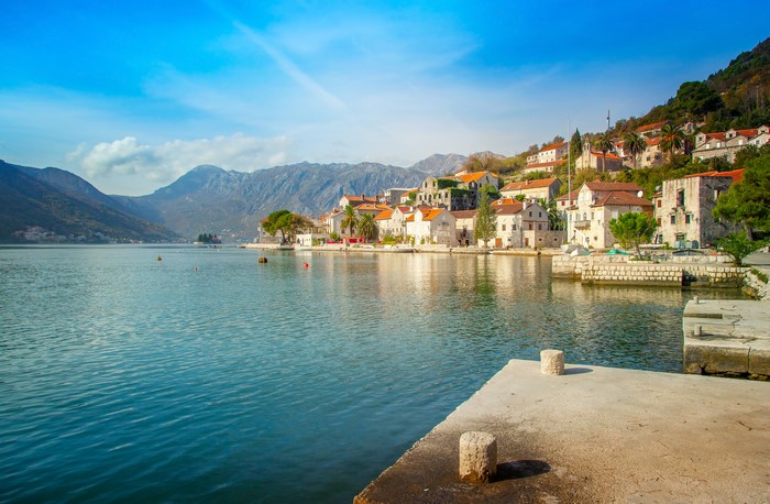 Perast, Kotor Bay, Montenegro Coastline with Houses and Mountains