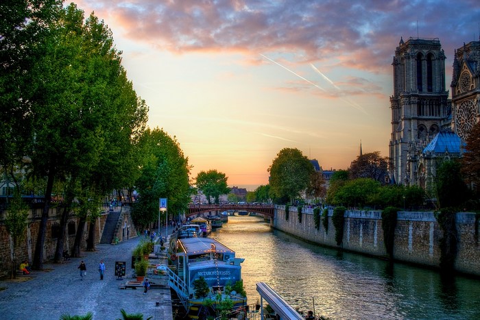 Notre Dame Cathedral and Seine River at sunset, Paris