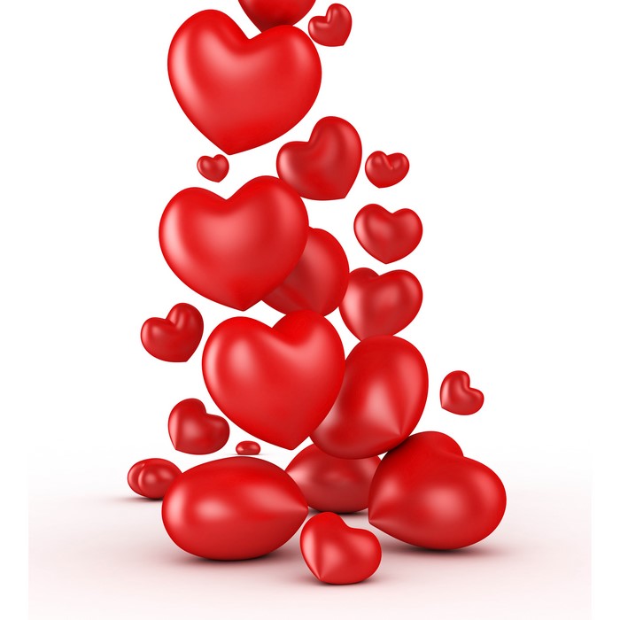 Red Hearts Falling on White Background