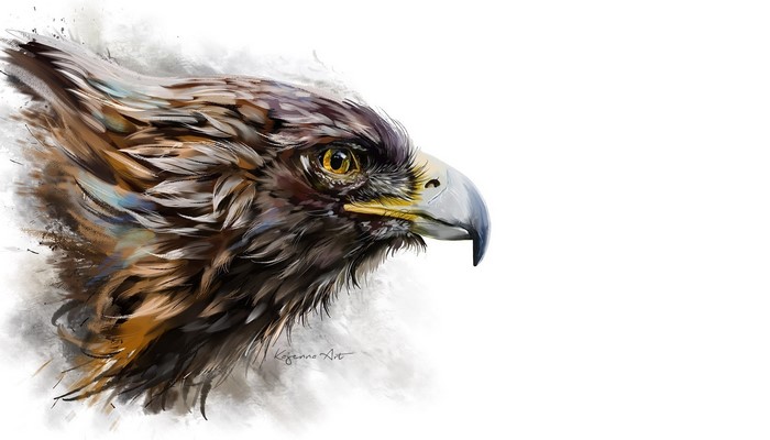 Close-up painting of a golden eagle's head