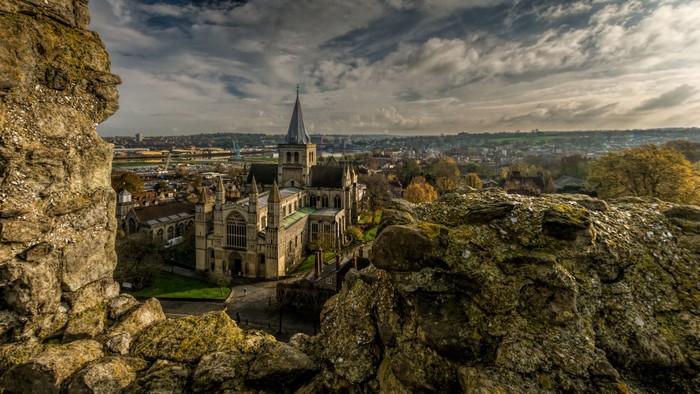 Rochester Cathedral and town from rocky viewpoint