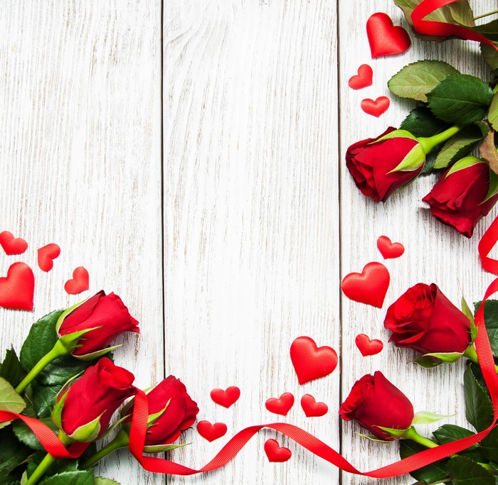 Red Roses and Hearts on Wood