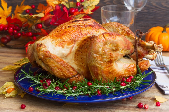 Roast Turkey on a Blue Plate with Cranberries and Rosemary