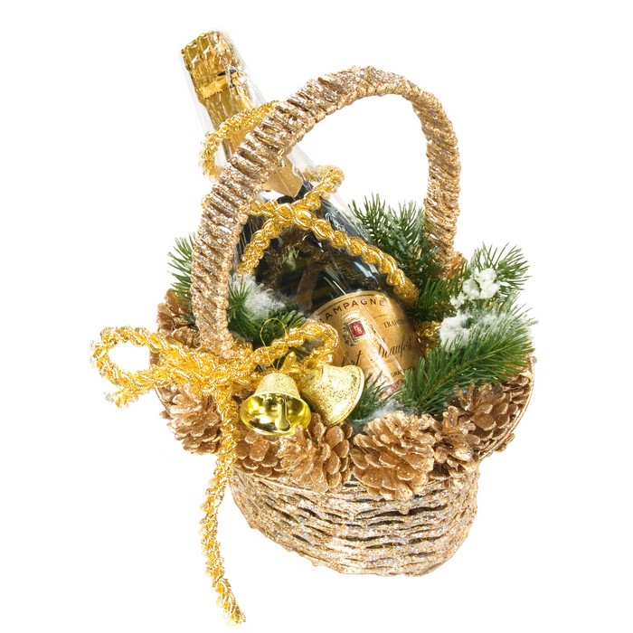 Christmas champagne gift basket with pine cones and bells