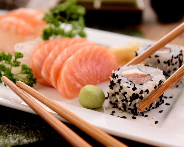 Sushi and Sashimi Platter with Chopsticks
