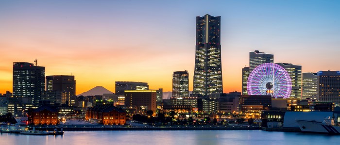 Yokohama skyline with Mount Fuji at sunset