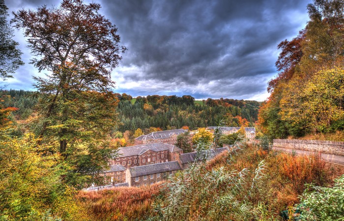 New Lanark in Autumn with HDR Clouds