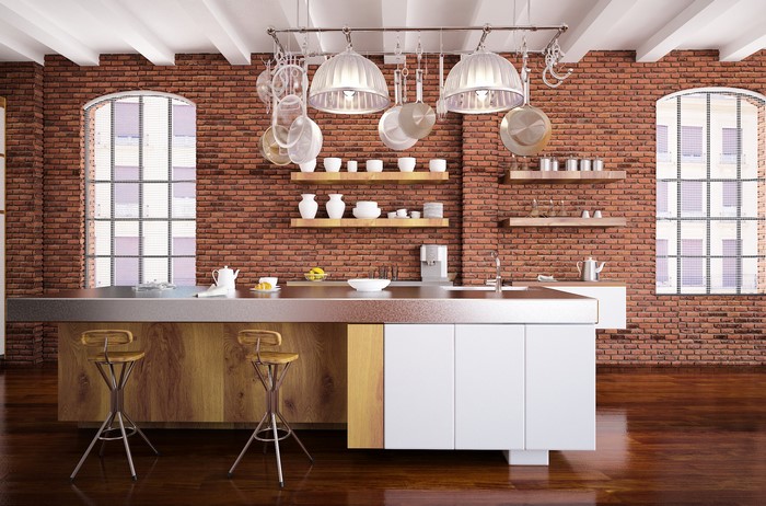 Industrial Kitchen with Brick Walls and Island