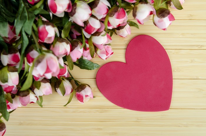 Pink Peonies and Red Heart on Wood Planks