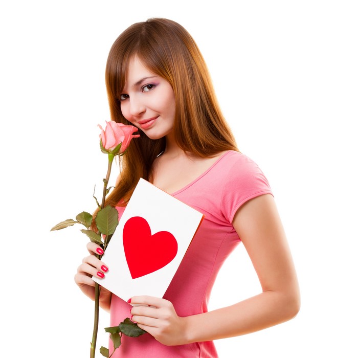 Woman with Rose and Heart Card