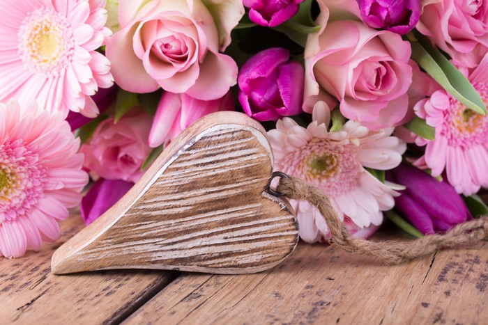 Roses, Gerberas, and Tulips with a Wooden Heart