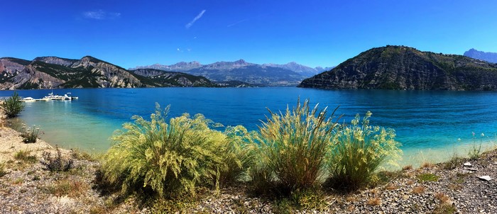 Lake with Mountains and Shrubs