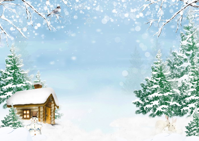 Winter scene with cabin, snowman, and rabbits