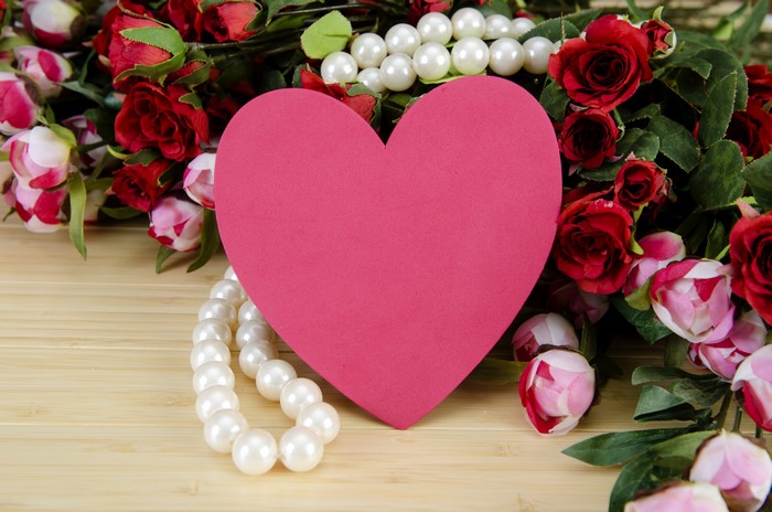 Pink Heart with Roses and Pearls on Wood