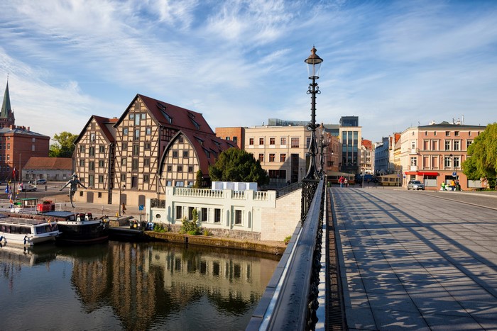 Bydgoszcz, Poland Riverfront with Historic Buildings and Bridge