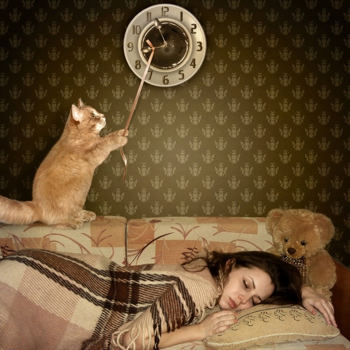 Cat playing with clock above sleeping girl and teddy bear