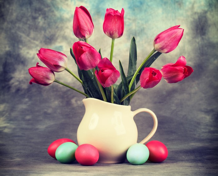 Pink Tulips in a Jug with Easter Eggs