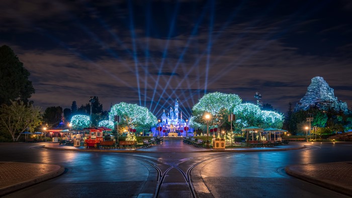 Disneyland Castle with Christmas Lights at Night
