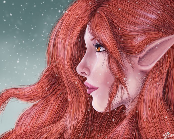 Elf girl with red hair in snow
