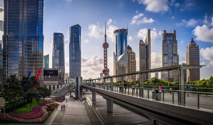Shanghai skyline with Oriental Pearl Tower and skyscrapers