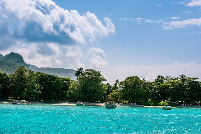 4K Mahe Island Seychelles Coastline with Boats