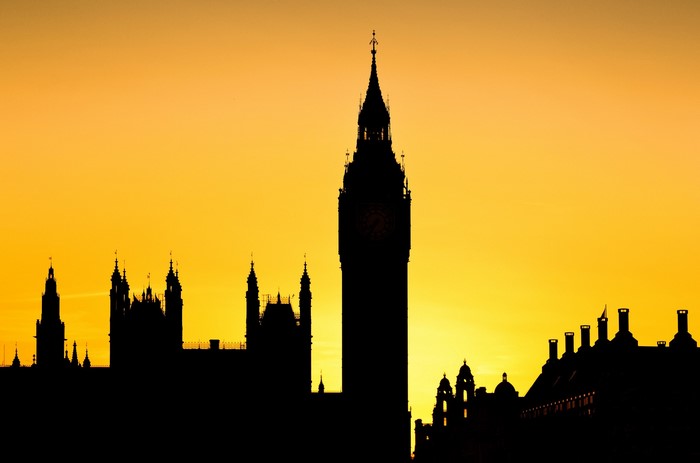Silhouette of Big Ben and Houses of Parliament at sunset
