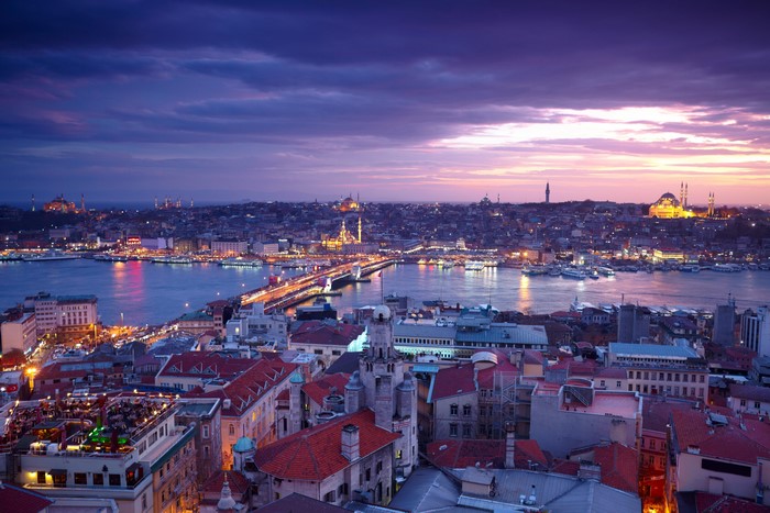 Istanbul skyline with bridges and mosques at dusk