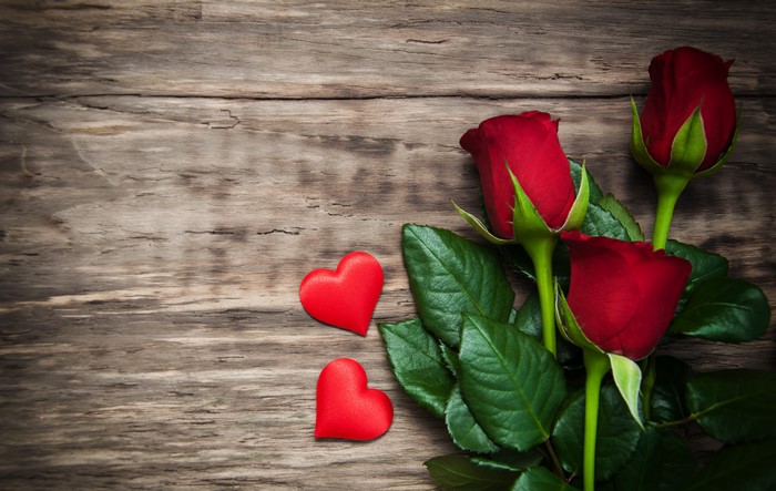 Red Roses and Hearts on Wood Planks