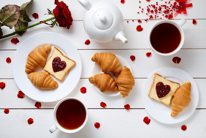 Valentine's Day Breakfast with Croissants, Tea, and Rose