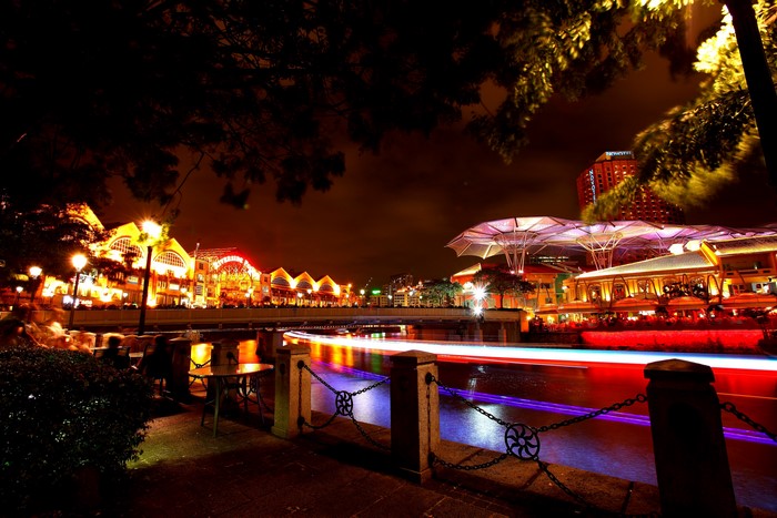 Singapore river at night with light trails
