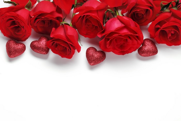 Red Roses and Glitter Hearts on White Background