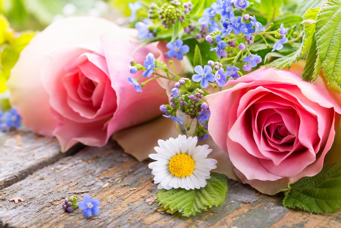Pink Roses, Daisies, and Blue Flowers on Wood