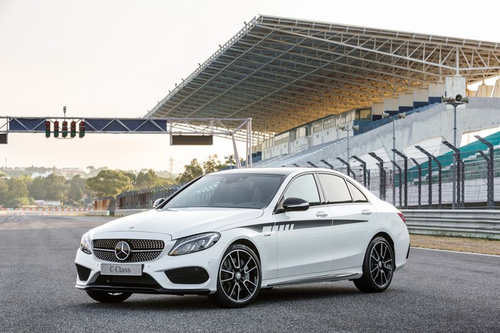 White Mercedes-Benz C-Class C 450 AMG Sport on Racetrack