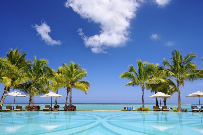 Resort swimming pool with palm trees and ocean view
