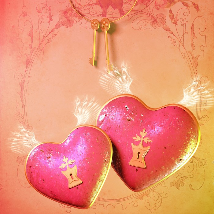 Two hearts with keys and wings on a decorative background