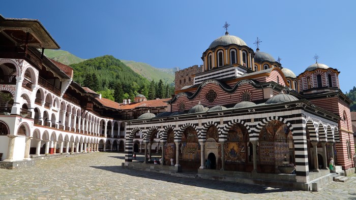 Rila Monastery Courtyard with Colorful Domes 4K