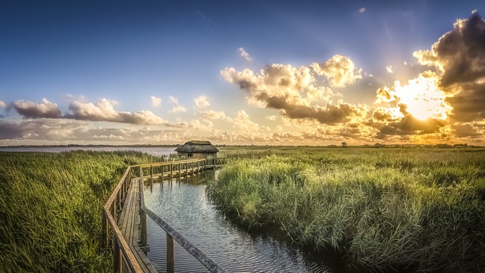 Wooden boardwalk through marshland towards a hut at sunset