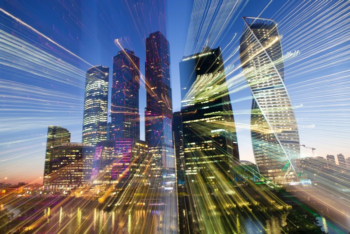 4K Moscow Russia Skyscrapers Light Rays