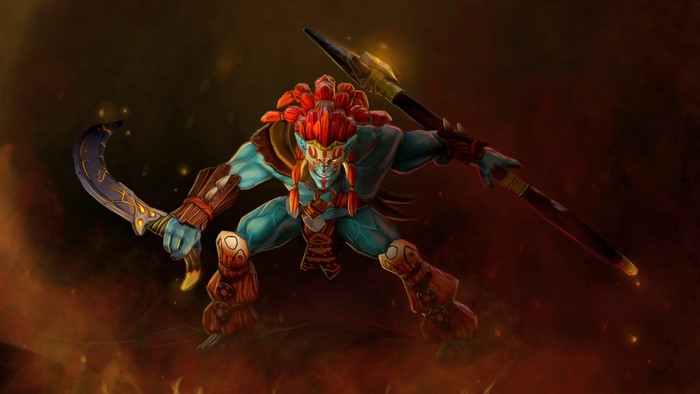 Huskar from DOTA 2 with spear and sickle