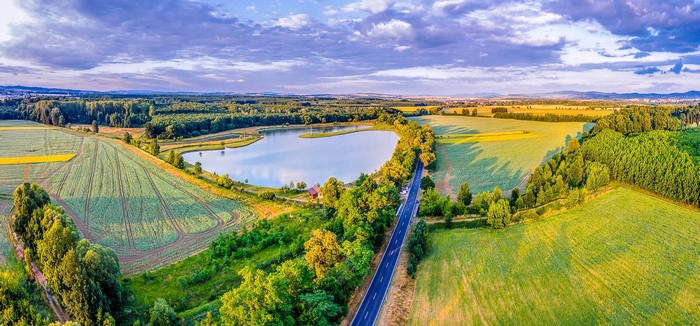 Aerial view of pond and fields in Moravsky Pisek, Czech Republic
