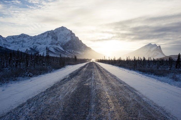 Snowy Mountain Road in Winter Morning
