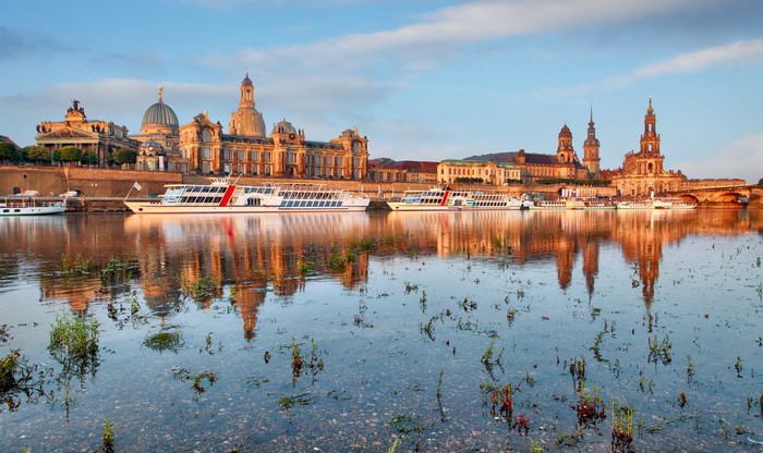 Dresden skyline with riverboats on the Elbe River