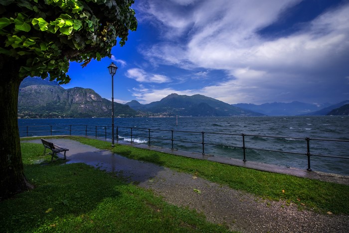 Bellagio, Italy Lake Scenery with Bench and Street Light