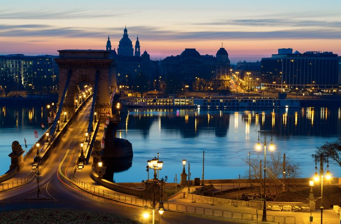 Chain Bridge over Danube River in Budapest at Night