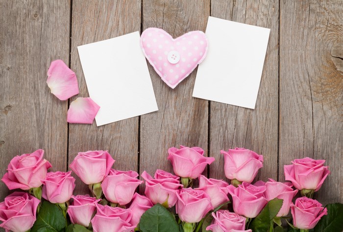 Pink Roses and Heart on Wood Planks