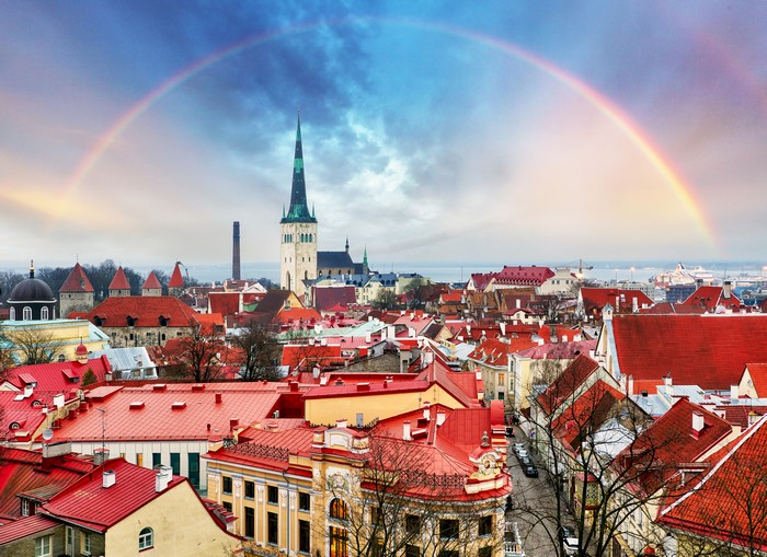 Tallinn, Estonia with Rainbow over Red Roofs